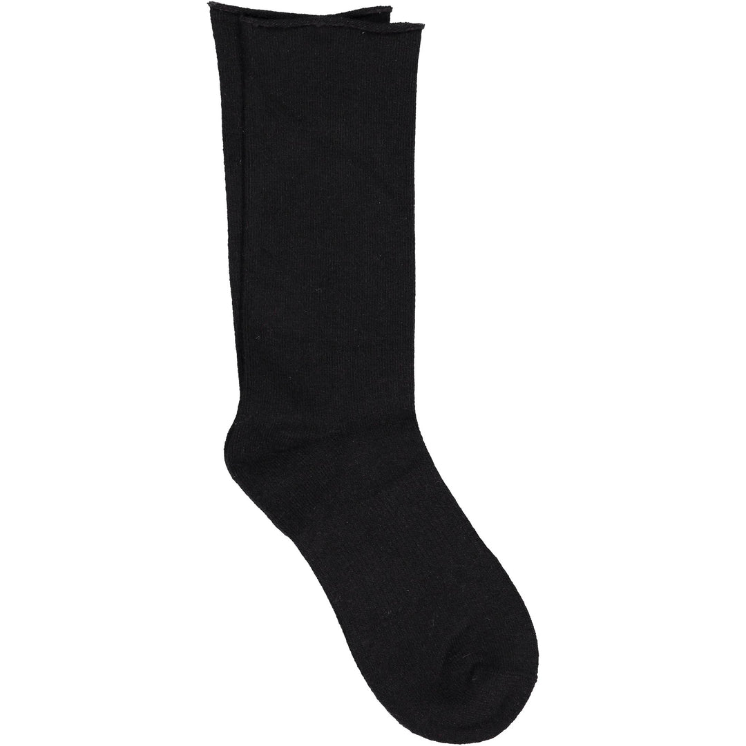 A pair of black roll top socks made from a cashmere, silk, tencel blend.