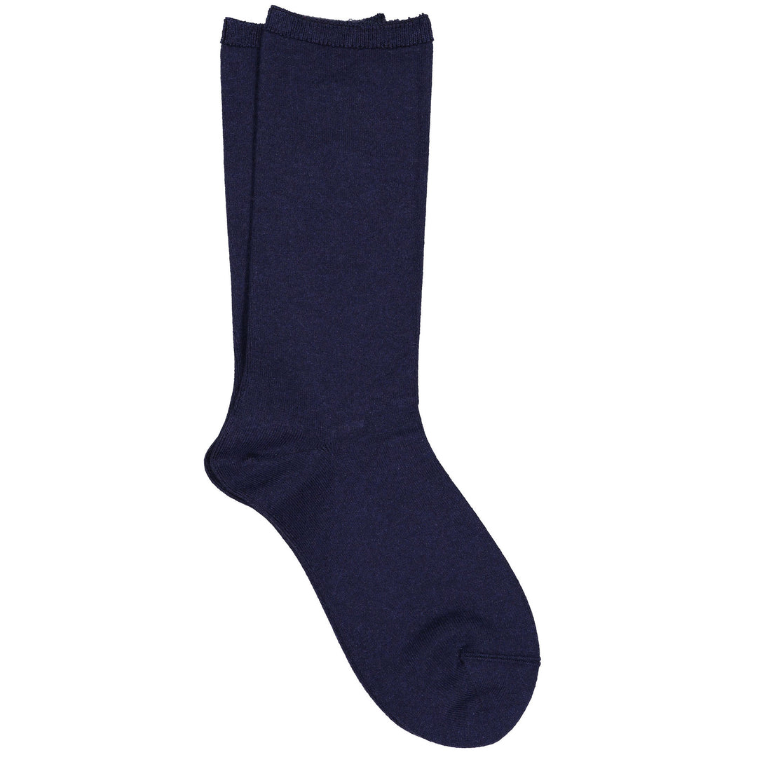 A single navy luxury jersey crew sock made from cashmere, silk, and merino wool.