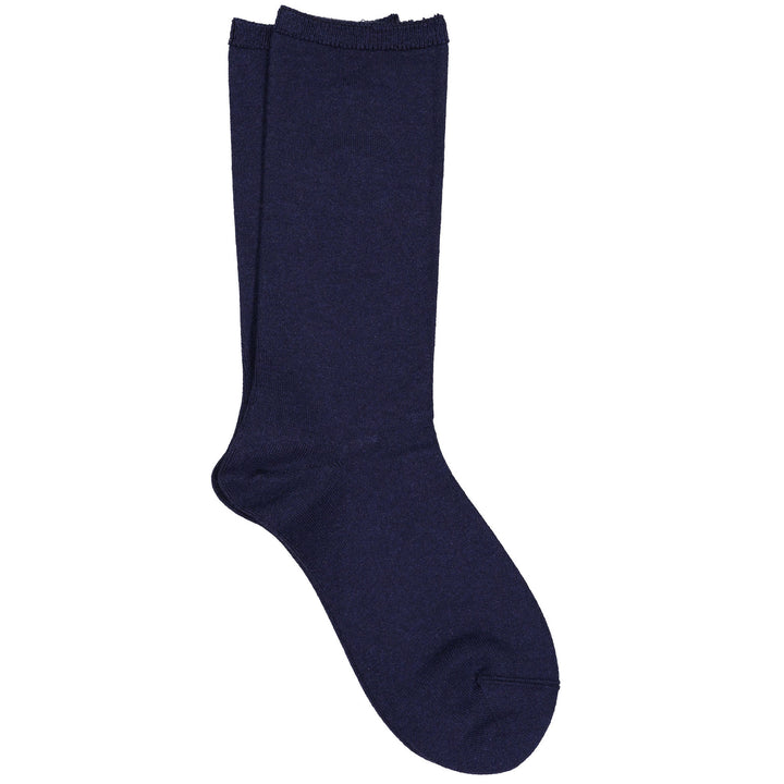 A single navy luxury jersey crew sock made from cashmere, silk, and merino wool.