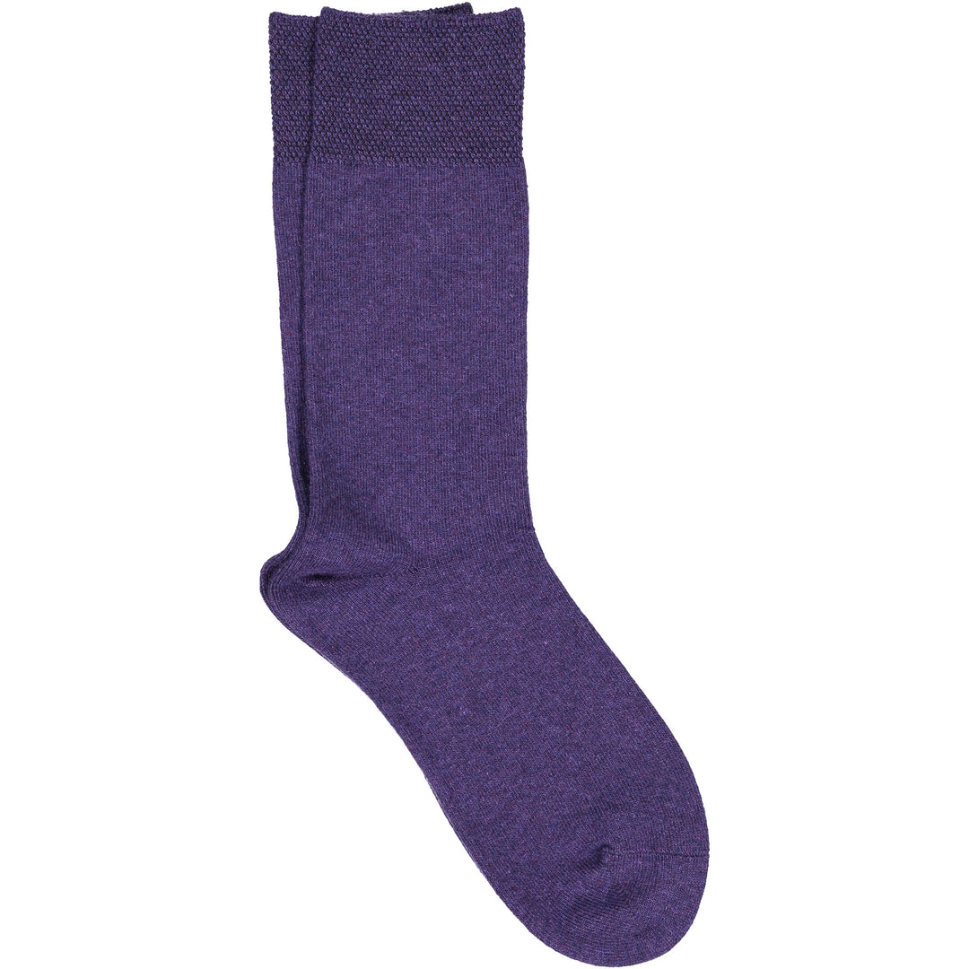 A pair of purple crew socks with a pique cuff.