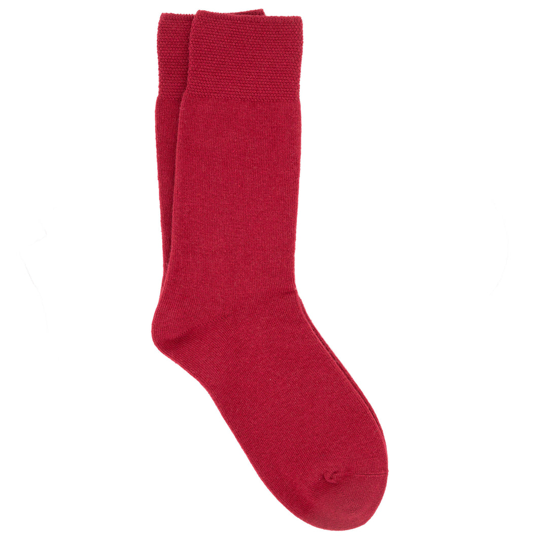 A pair of red crew socks with a pique cuff.