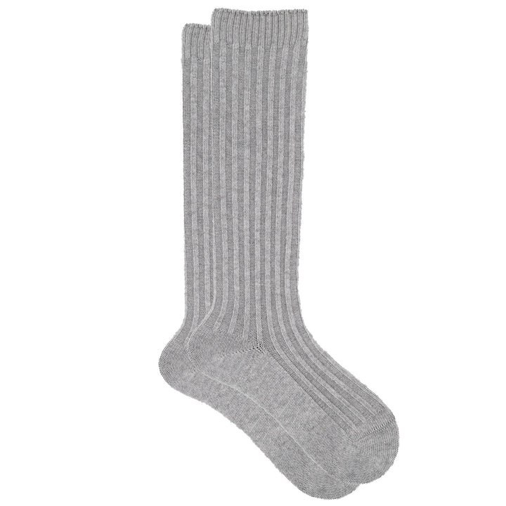 Pair of gray knee-high socks on a white background