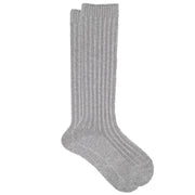Pair of gray knee-high socks on a white background