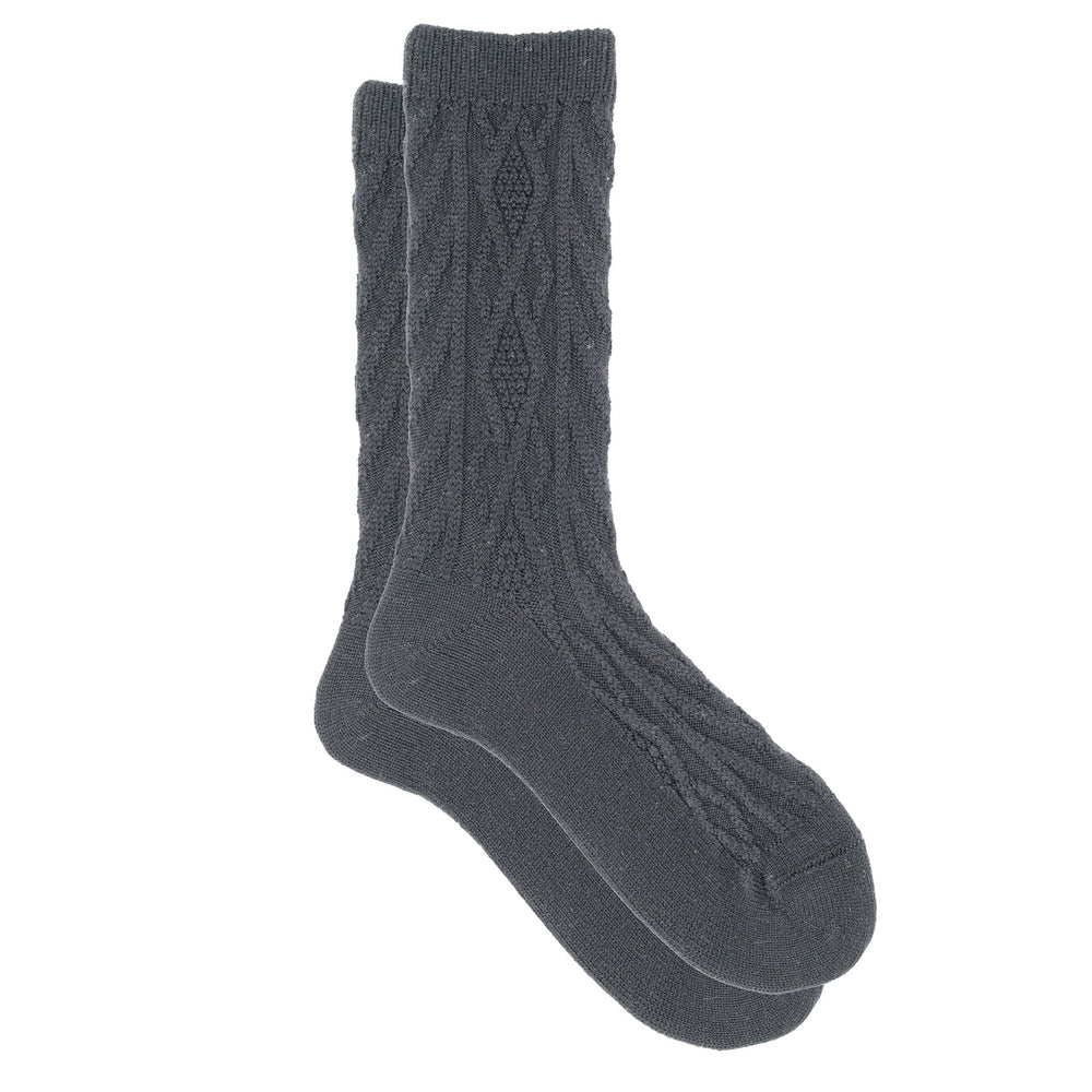 A pair of grey cashmere silk jacquard crew socks with a cozy knit pattern.