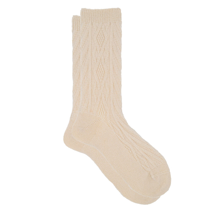 A pair of panna cashmere silk jacquard crew socks with a cozy knit pattern.