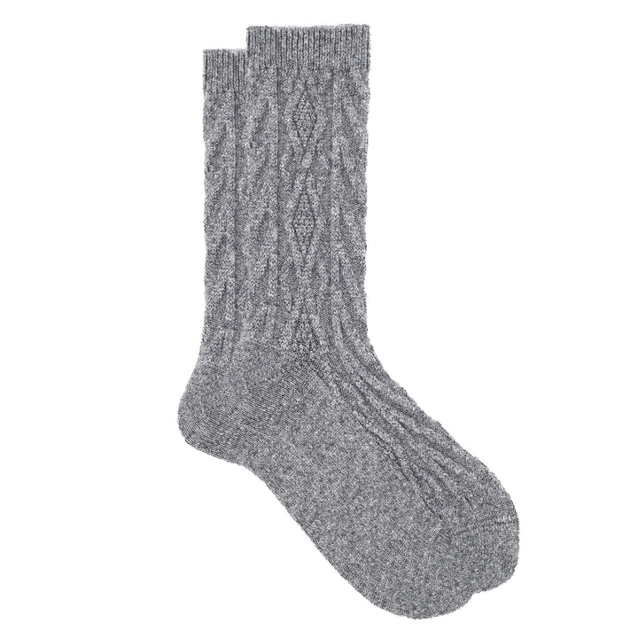 A pair of grey cashmere silk jacquard crew socks with a cozy knit pattern.