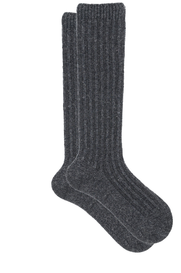 Pair of gray knee-high socks on a white background