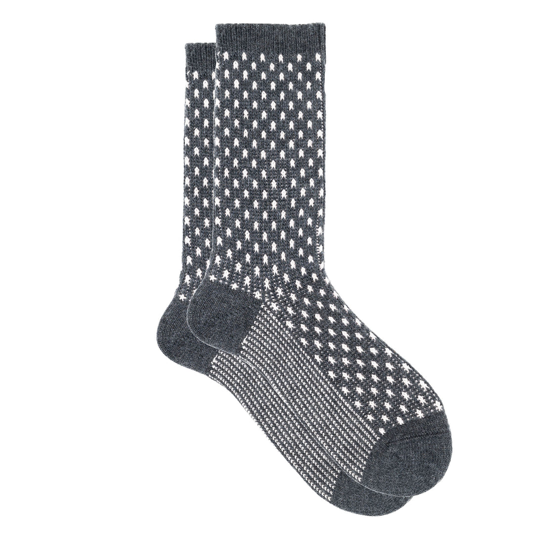 Pair of gray socks with white pattern on a white background