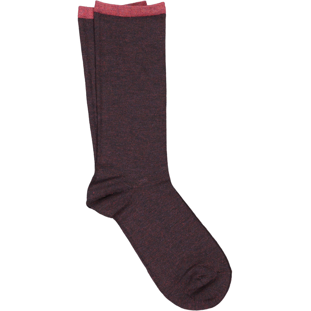 Dark brown knee-high sock with red top on a white background