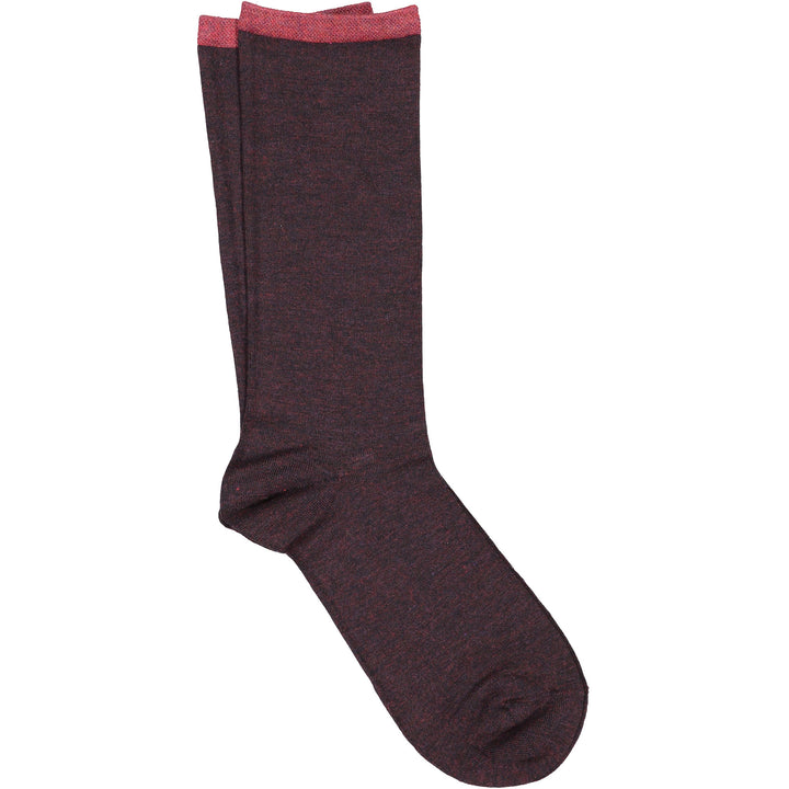 Dark brown knee-high sock with red top on a white background