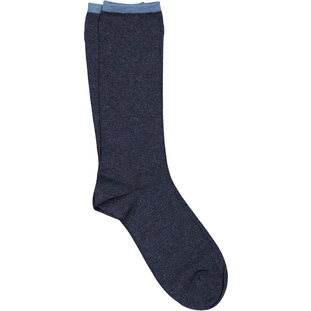 Navy knee-high sock with light blue top on a white background