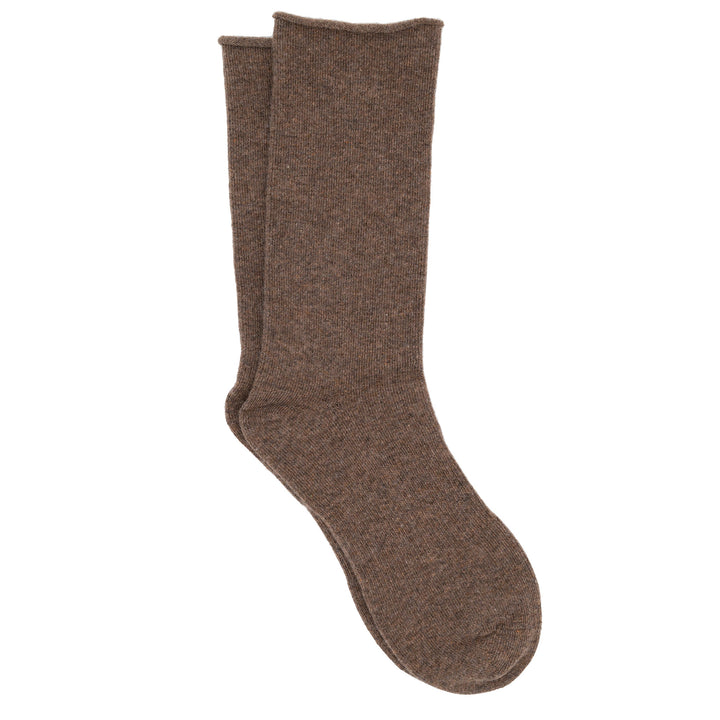 A pair of brown roll top socks made from a cashmere, silk, tencel blend.