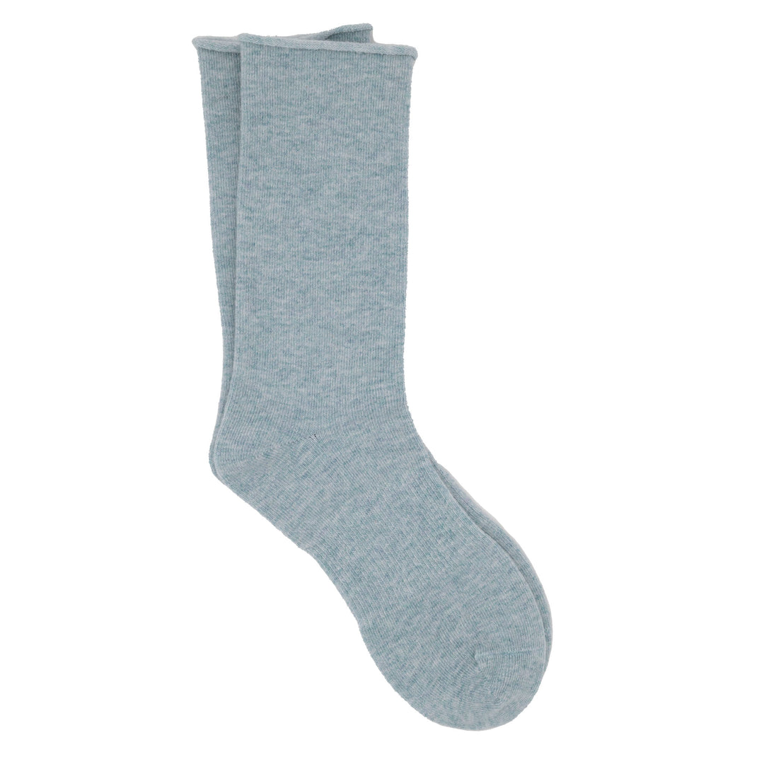 A pair of blue roll top socks made from a cashmere, silk, tencel blend.