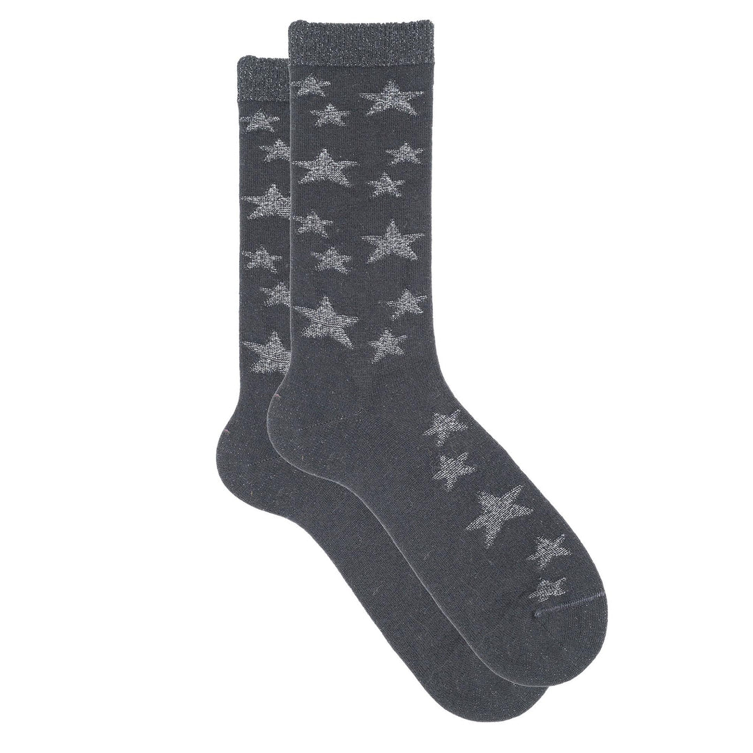Dark gray socks with star patterns on a white background