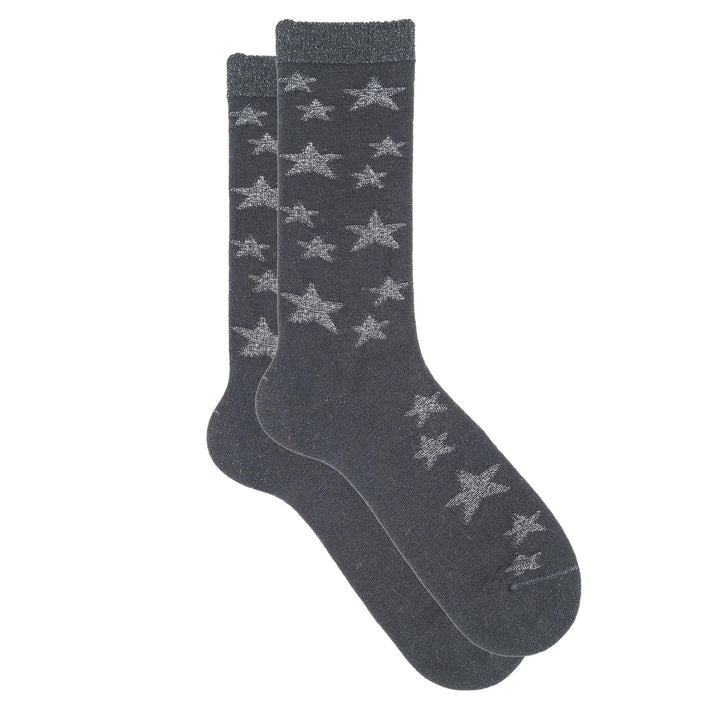 Dark gray socks with star patterns on a white background