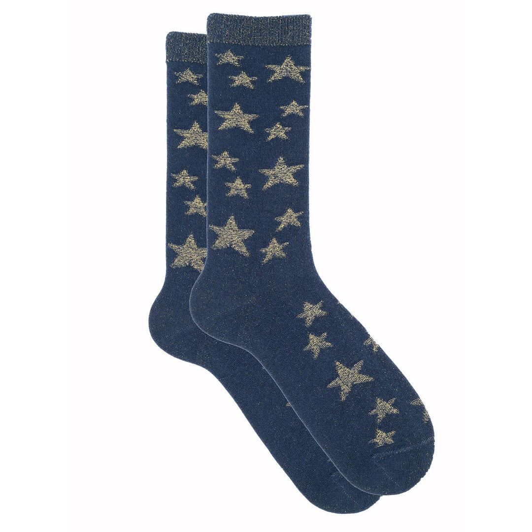 A pair of navy blue cashmere silk blend reversible star crew socks with a cozy, stretchy jersey knit texture.