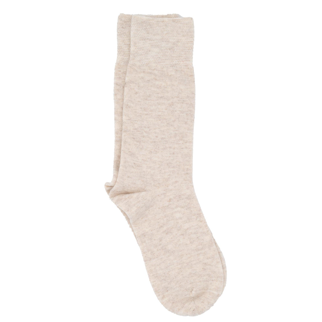 A pair of brown crew socks with a pique cuff.