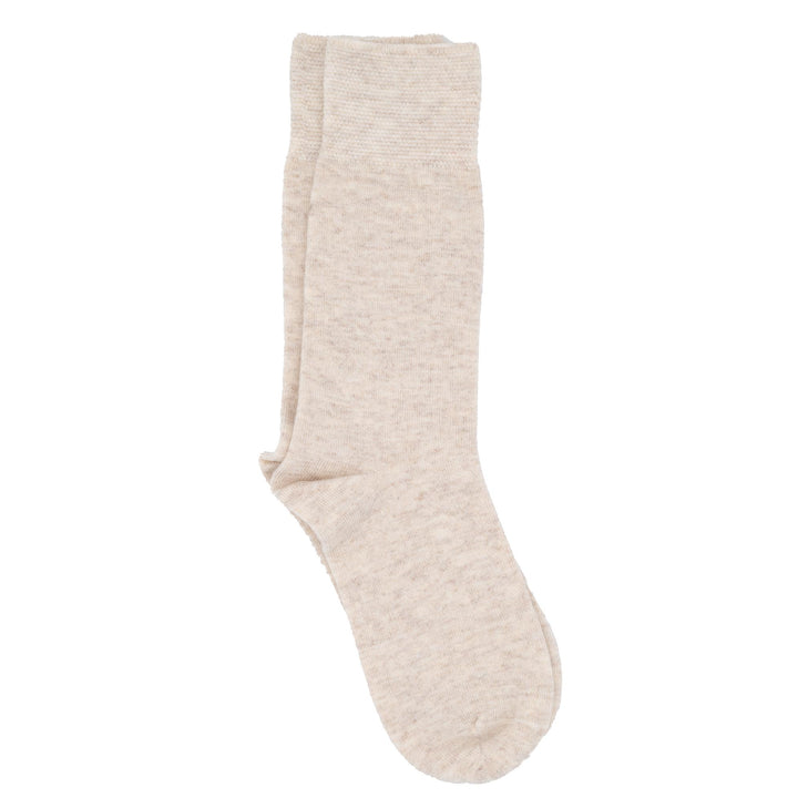 A pair of brown crew socks with a pique cuff.