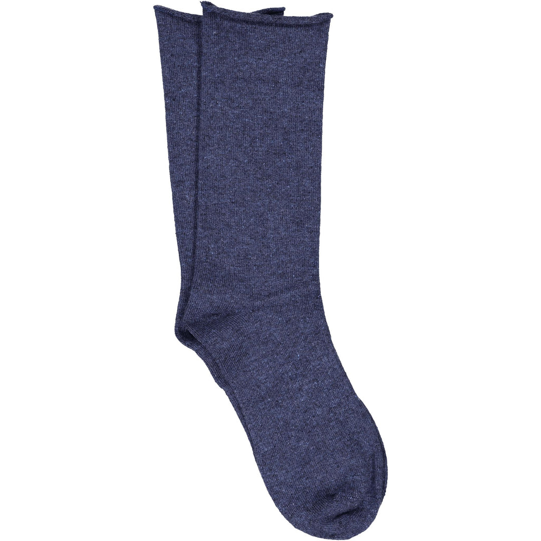 A pair of purple roll top socks made from a cashmere, silk, tencel blend.