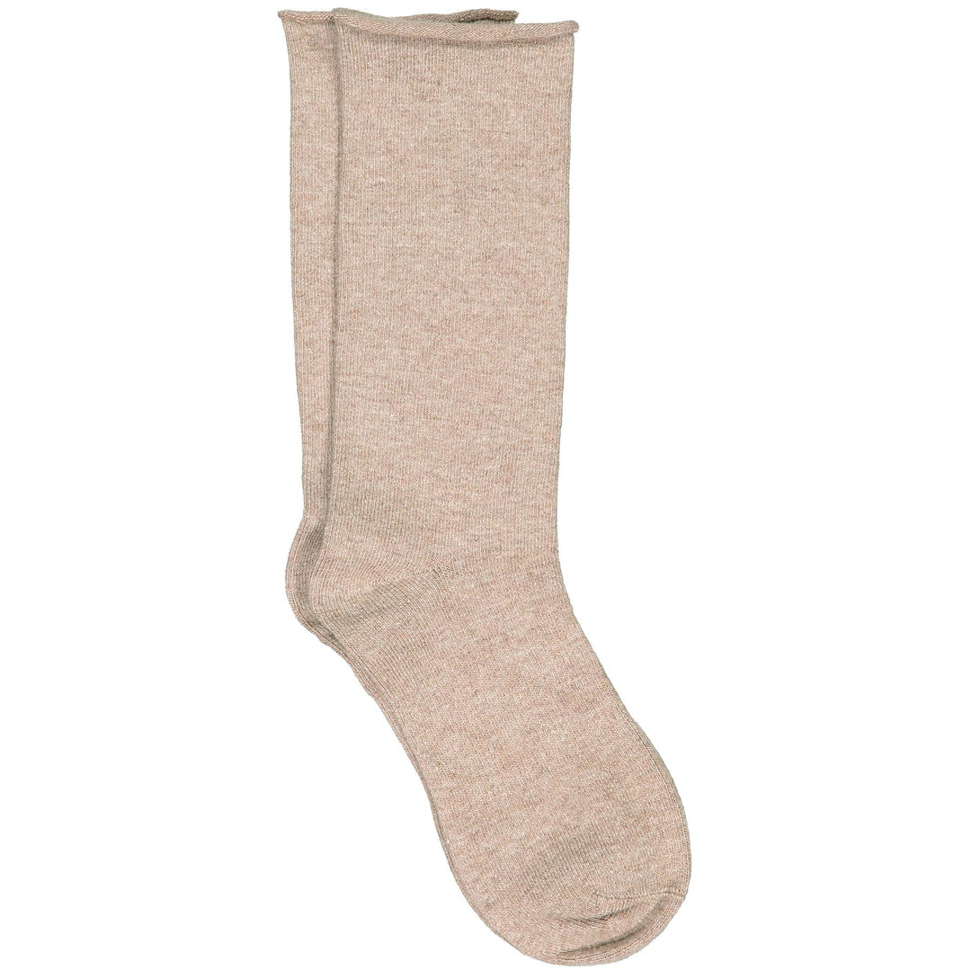A pair of beige roll top socks made from a cashmere, silk, tencel blend.