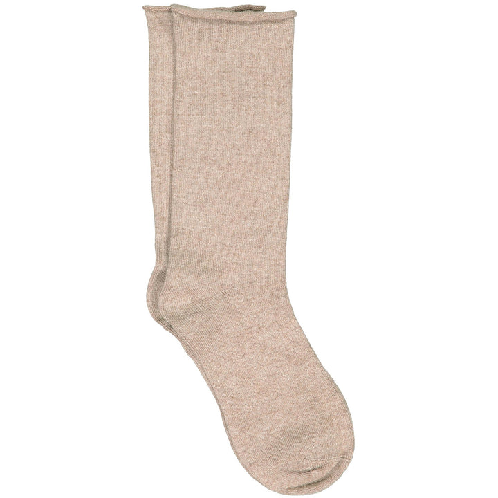 A pair of beige roll top socks made from a cashmere, silk, tencel blend.