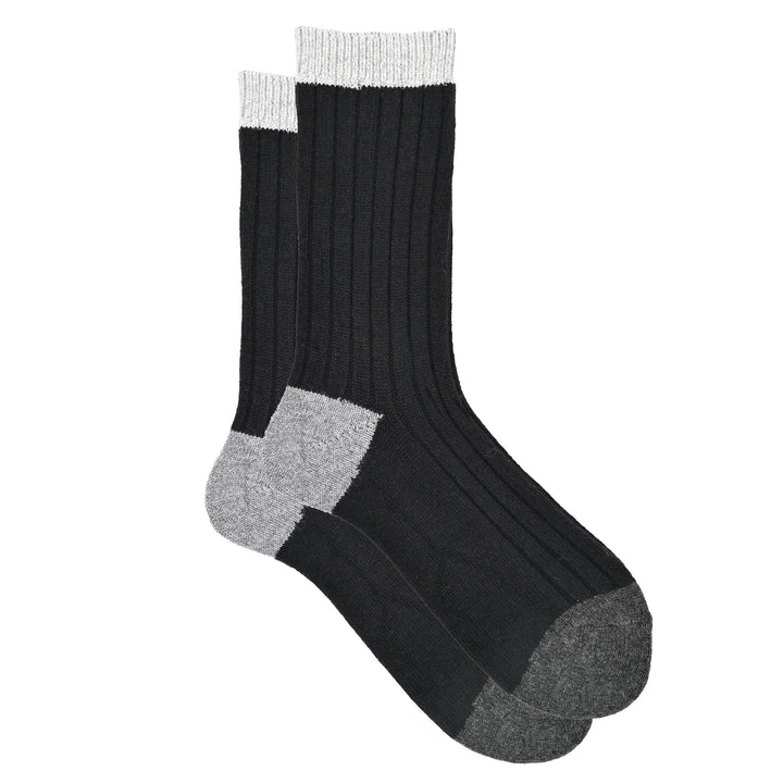 A pair of color block ribbed knit socks, featuring dark gray, and a comfortable cuff.