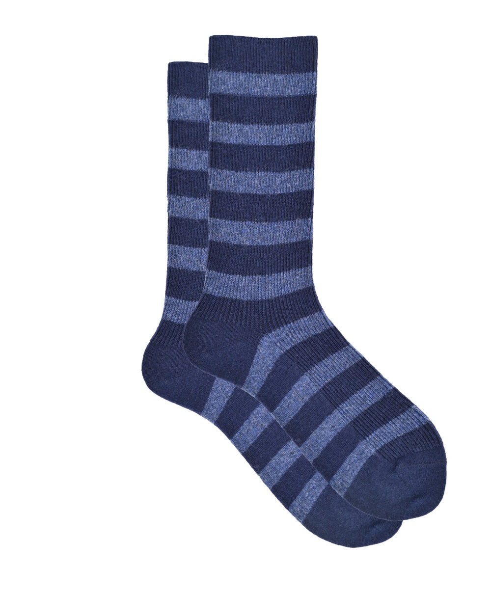 A pair of cozy cashmere silk striped ribbed crew socks in black and blue color pattern.