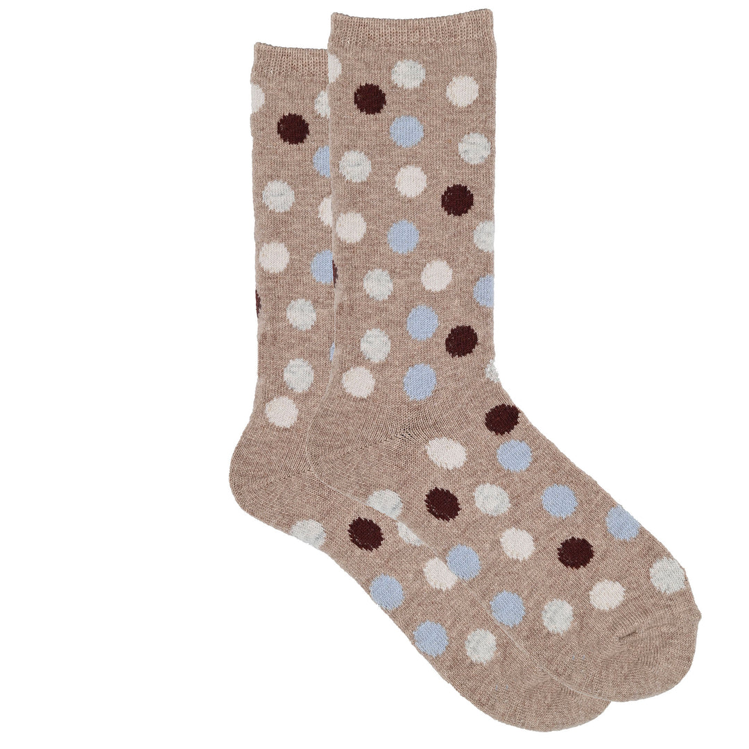 A pair of brown crew socks with a multicolored dot pattern.