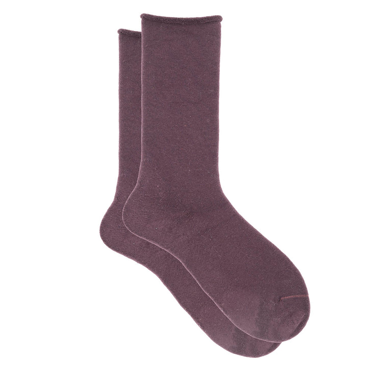 A pair of purple Tencel cushion terry socks with a seamless toe and hand-linked design.
