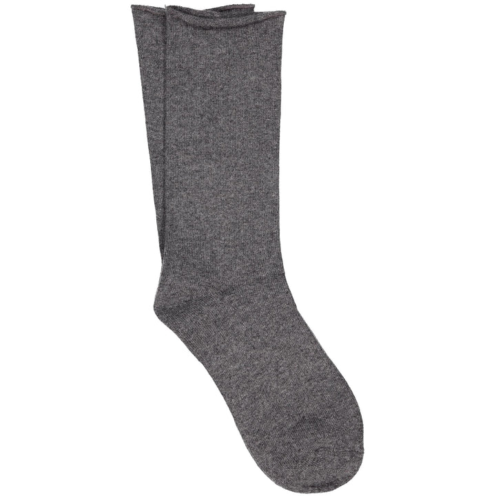 A pair of lightgrey roll top socks made from a cashmere, silk, tencel blend.