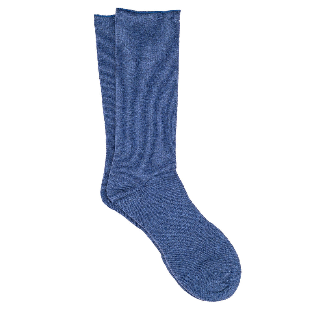 A pair of blue roll top crew socks made from a cashmere silk blend.