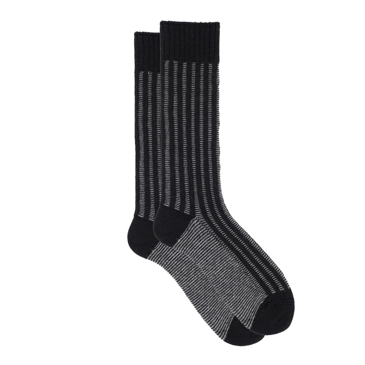 Black and gray striped socks on a white background