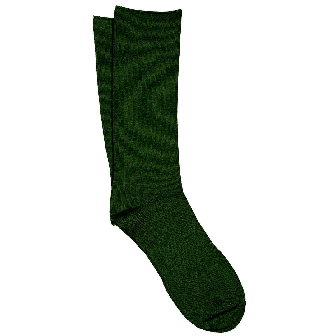 A pair of green roll top crew socks made from a cashmere silk blend.
