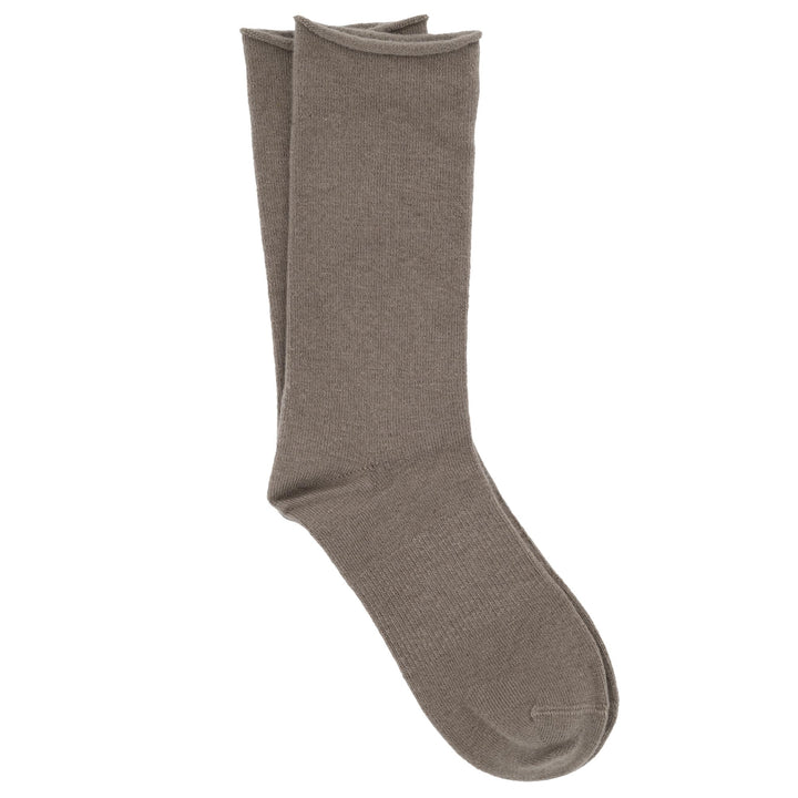A pair of sand roll top socks made from a cashmere, silk, tencel blend.d 