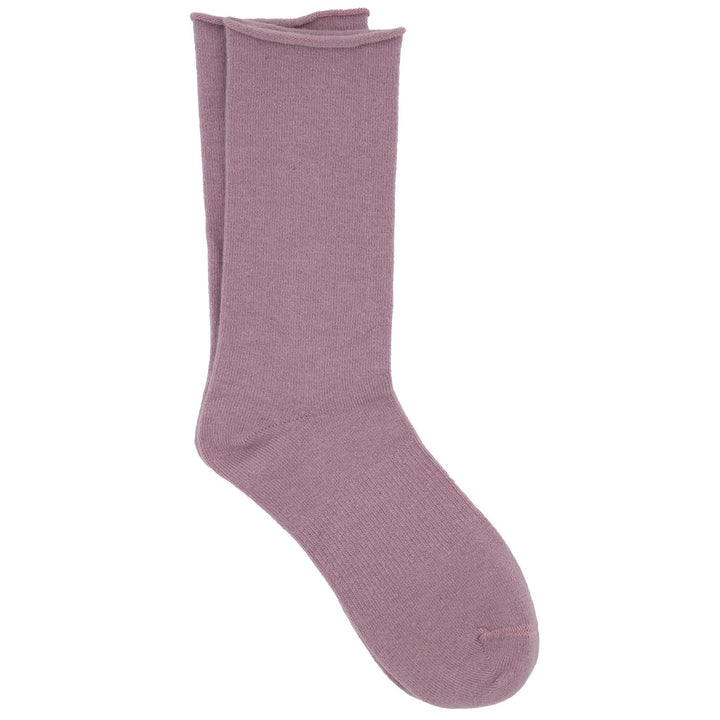 A pair of purple roll top socks made from a cashmere, silk, tencel blend.