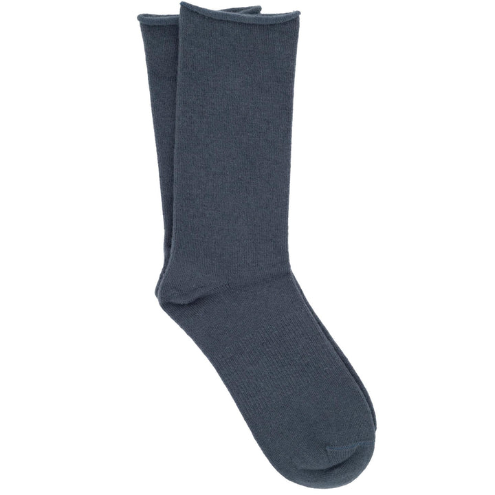 A pair of grey roll top socks made from a cashmere, silk, tencel blend.