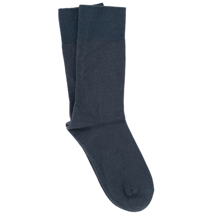 A pair of grey crew socks with a pique cuff.