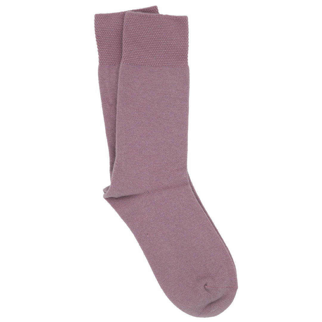 A pair of pink crew socks with a pique cuff.