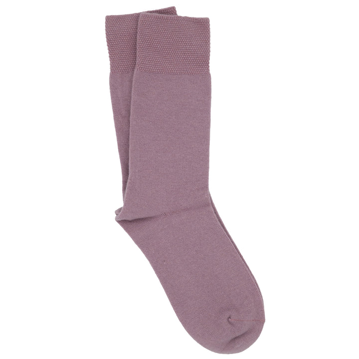 A pair of pink crew socks with a pique cuff.