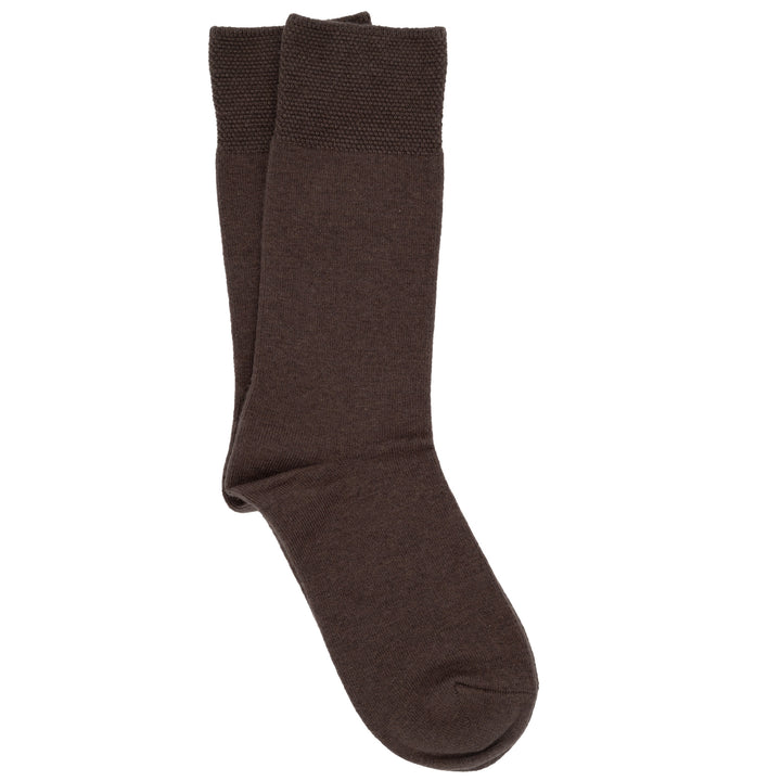 A pair of brown crew socks with a pique cuff.
