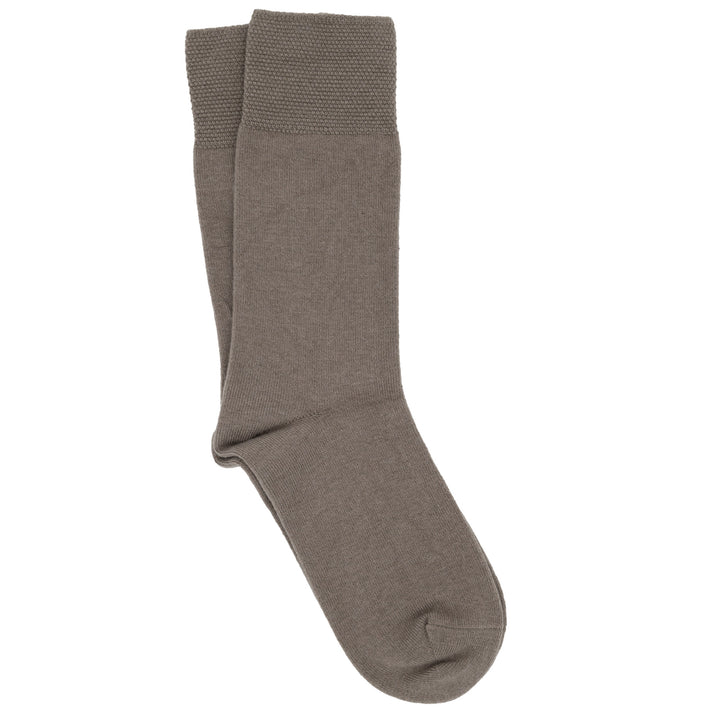 A pair of brown crew socks with a pique cuff.