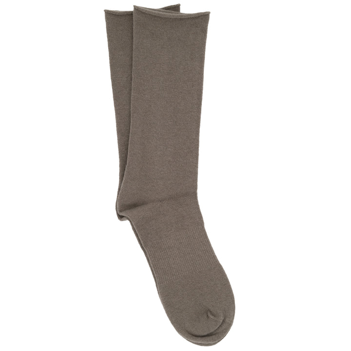 A pair of brown roll top crew socks made from a cashmere silk blend.