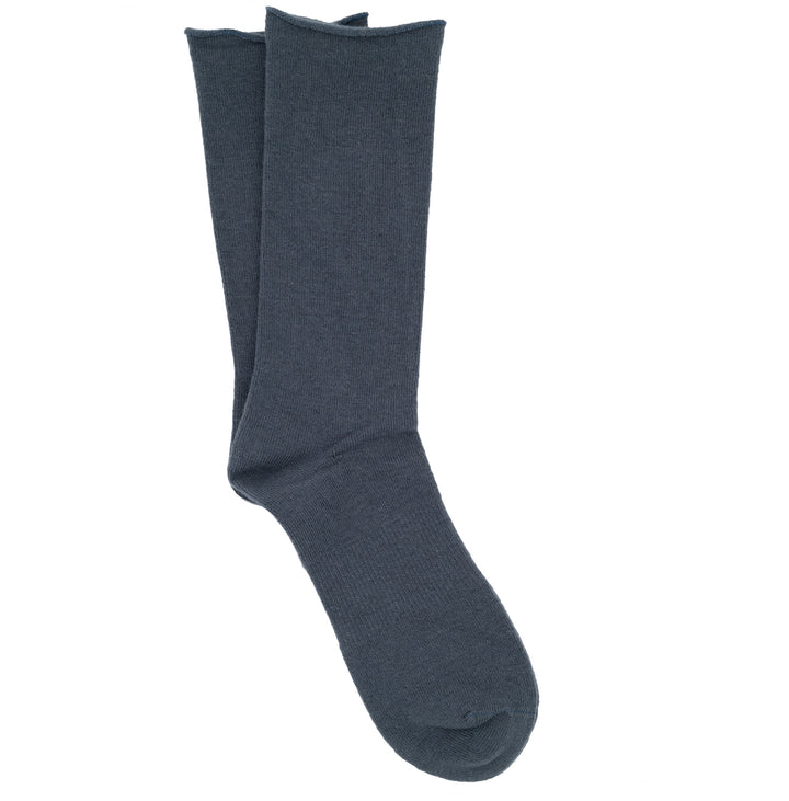 A pair of gray roll top crew socks made from a cashmere silk blend.