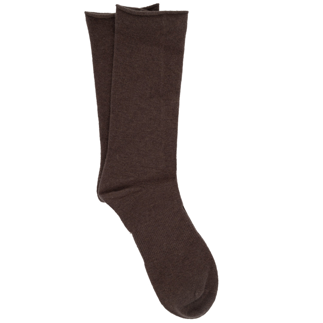 A pair of brown roll top crew socks made from a cashmere silk blend.