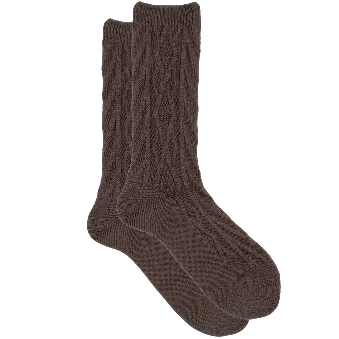 A pair of brown cashmere silk jacquard crew socks with a cozy knit pattern.