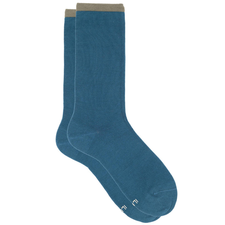 Blue sock with a white logo on a white background