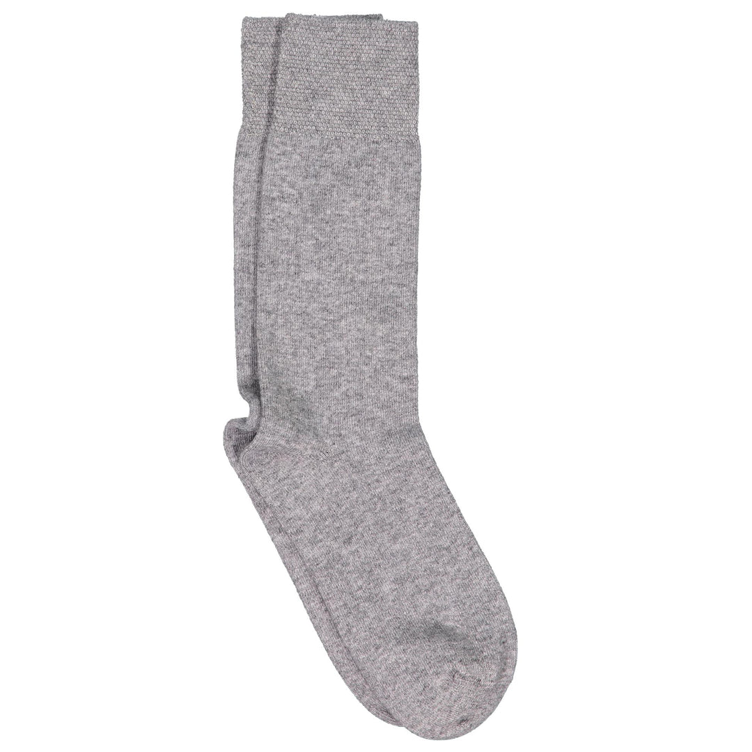 A pair of grey crew socks with a pique cuff.