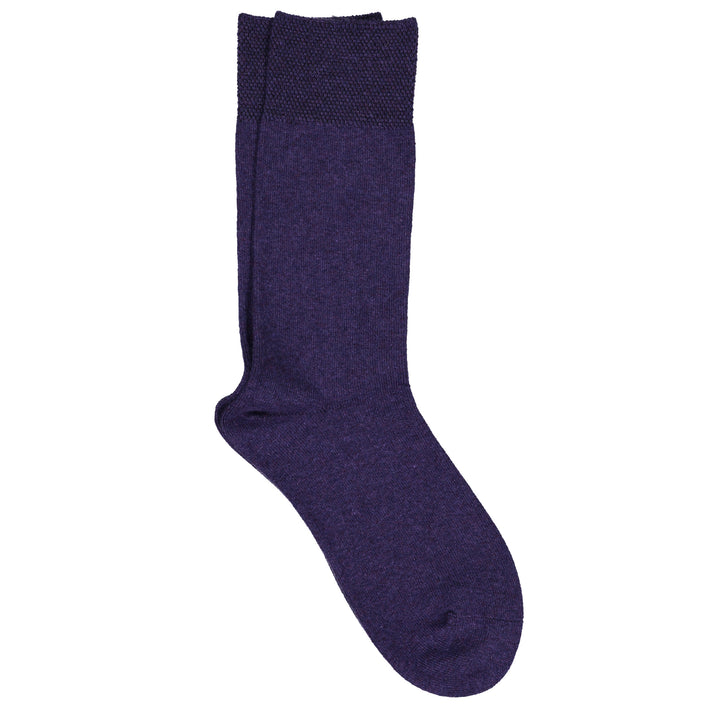 A pair of purple crew socks with a pique cuff.