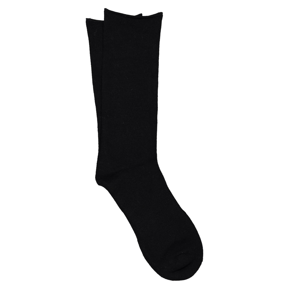 A pair of black roll top crew socks made from a cashmere silk blend.