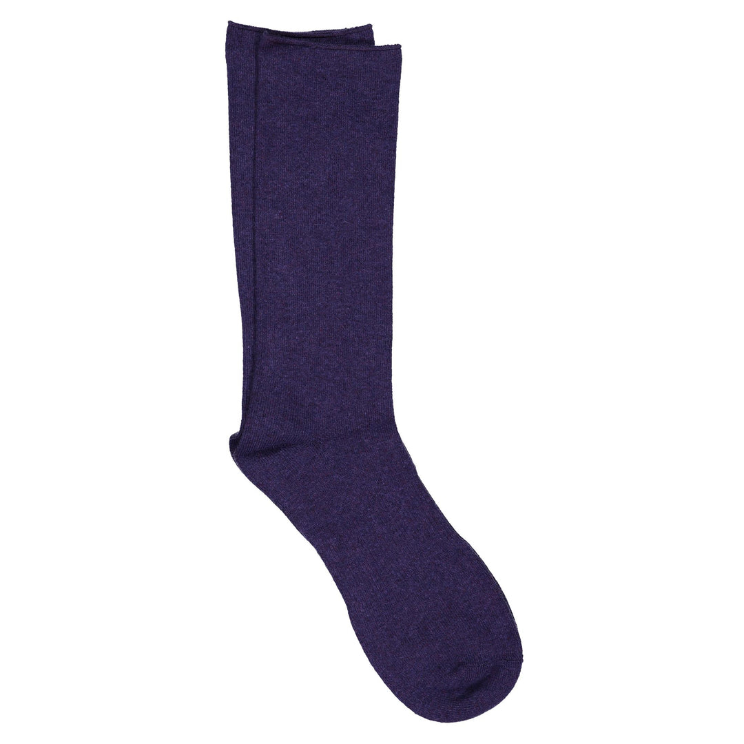 A pair of purple roll top crew socks made from a cashmere silk blend.